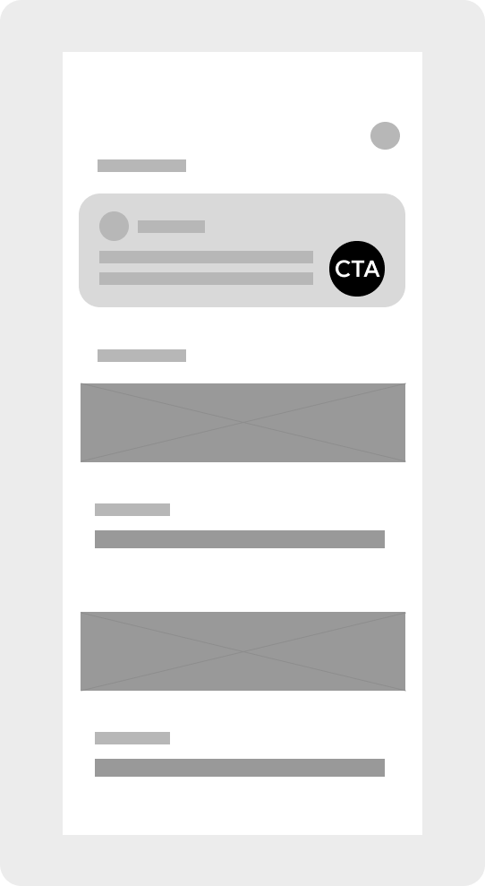 Wireframe: most recent prompt embedded on the home screen with a CTA