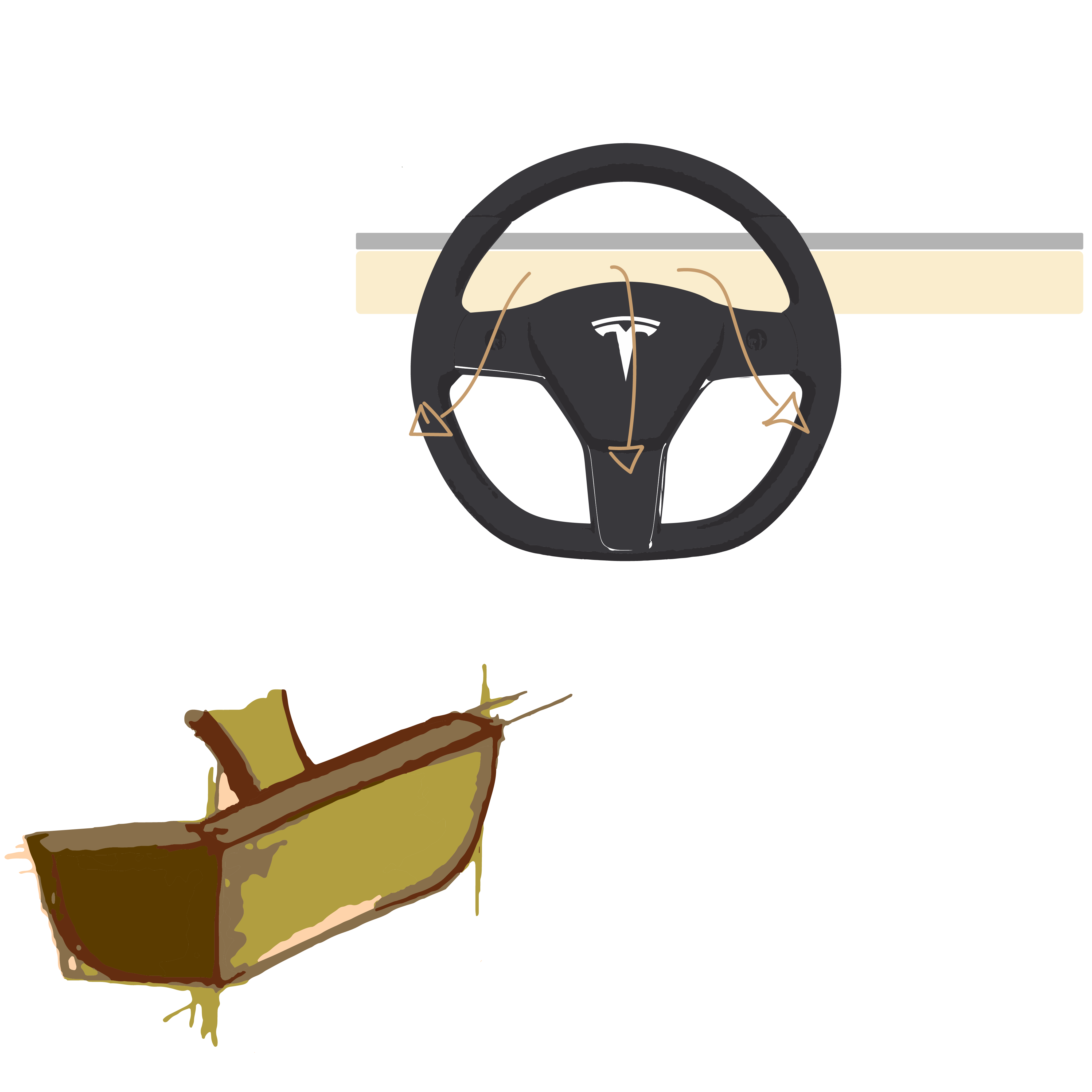 Tesla steering wheel and console sketches with directional cue annotations